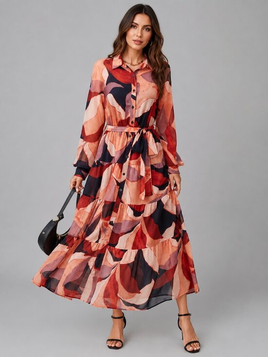 Dresses & Skirts - Women's Belted Floral Maxi Dress Long Sleeve Button Down Tiered Boho Flowy